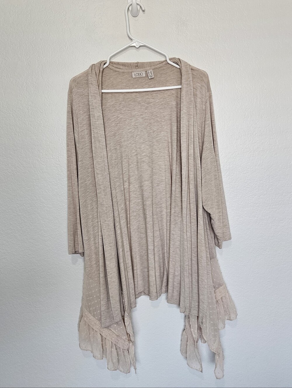 Logo Lori Goldstein | Lace Trim Lightweight Aysymmetrical Open Front Cardigan 2X